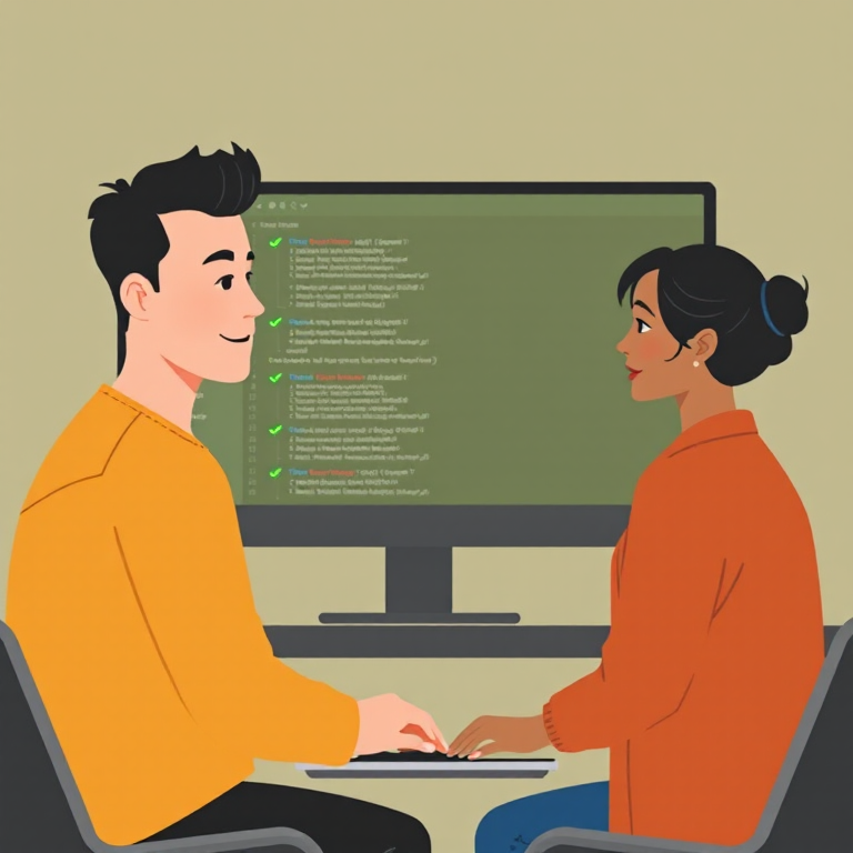 Tom, in a mustard henley, and Priya, in a terracotta cardigan, pair programming at a monitor showing a column of green passing tests