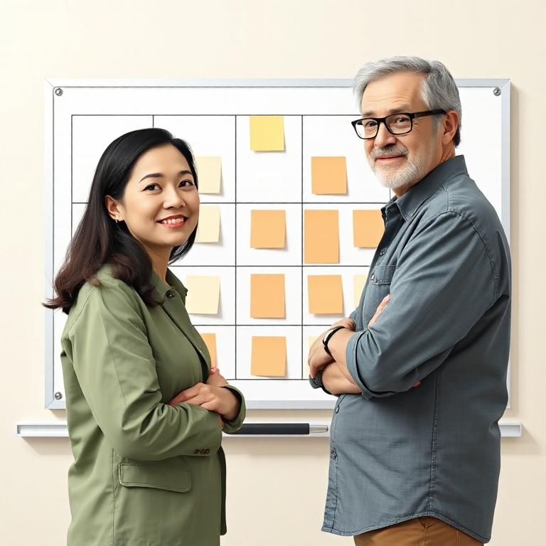 Maya, in a sage-green jacket, and Lee, in a chambray shirt, standing at a whiteboard laid out as a nine-box business model canvas covered in sticky notes