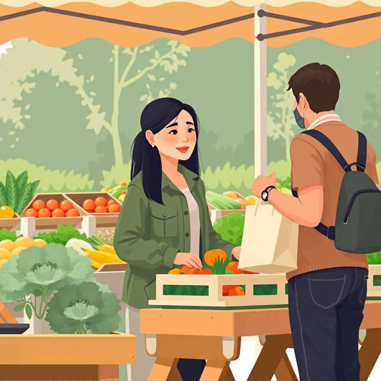 Maya, in a sage-green jacket, talking with a customer holding a shopping bag at an outdoor farmers' market stall stacked with crates of fresh vegetables