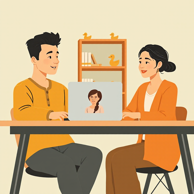 Charlotte, a woman with short grey hair, appearing on a laptop video call in front of a bookshelf, while Tom in a mustard henley and Priya in a terracotta cardigan listen at a desk