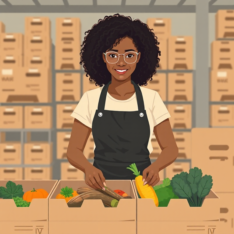 Sam, in a charcoal apron over a cream tee, packing fresh vegetables into cardboard produce boxes on a warehouse bench with shelves of crates behind her