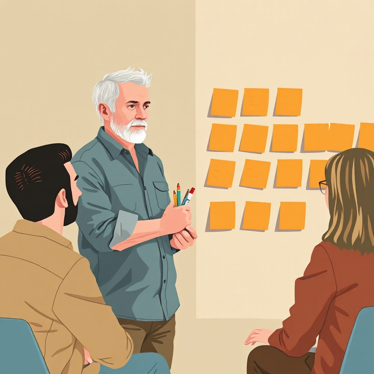 Lee, in a rolled-sleeve chambray shirt and holding marker pens, facilitating a workshop beside a wall covered in orange sticky notes while two colleagues sit and watch