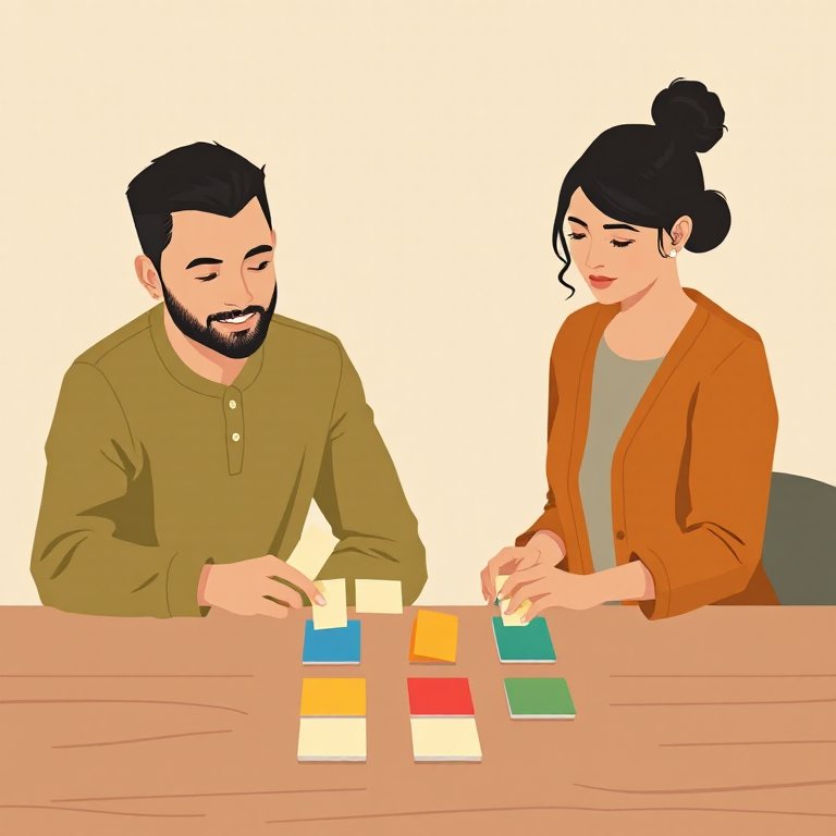 Tom, in a mustard henley, and Priya, in a terracotta cardigan, arranging four colours of index cards into rows on a wooden table