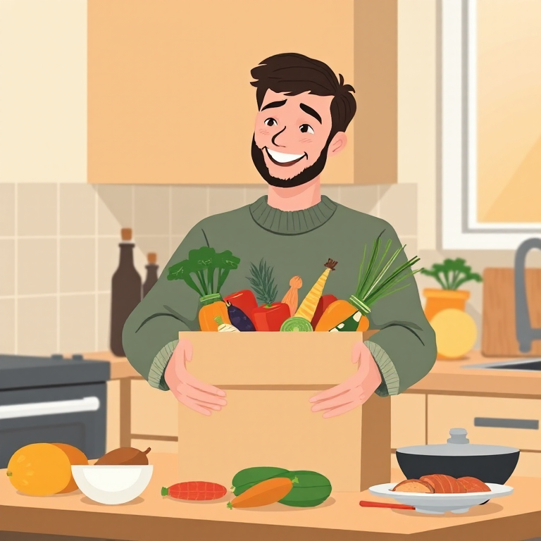 A subscriber unpacking a cardboard box of fresh vegetables on their kitchen bench in the evening, dinner ingredients laid out alongside