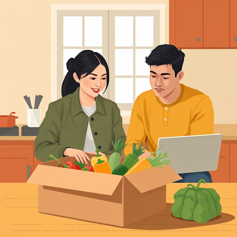 Maya, in a sage-green jacket, and Tom, in a mustard henley, sitting at a kitchen table examining a cardboard box of fresh vegetables, an open laptop beside them