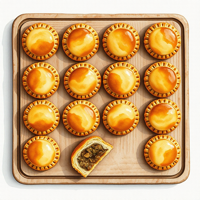 A wooden board with twelve small golden pasties in three shapes (four half-moons, four triangles, four rectangles), fluted edges crimped neatly, deep amber tops gleaming with egg wash