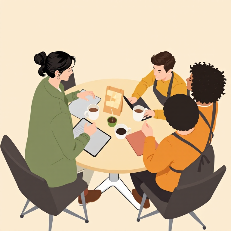 Four Greenbox colleagues seated around a round table with laptops, coffee mugs, and a small board of sticky notes, mid-retrospective