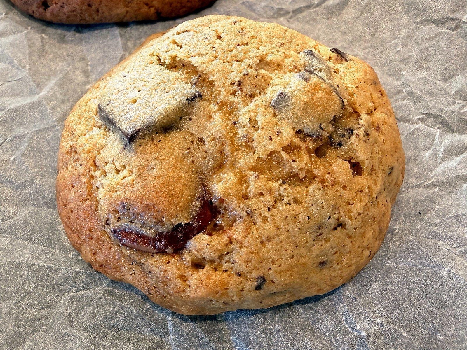 A baked sourdough discard cookie on parchment, deep gold with dark chocolate chunks bursting from the surface