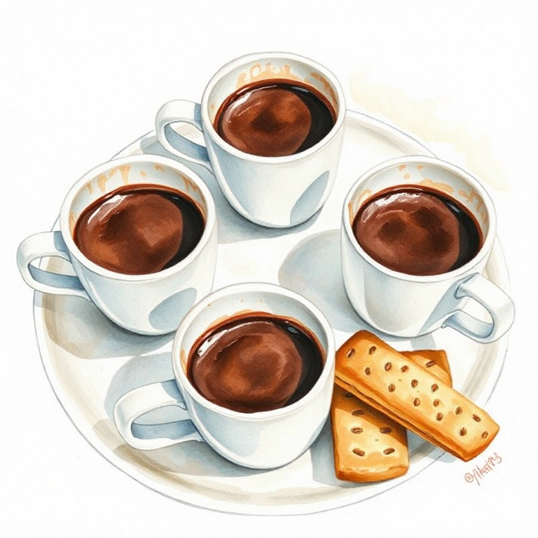 Four small white espresso-style cups of deep glossy dark hot chocolate, thick enough to coat the inside of the cup, a saucer of shortbread alongside