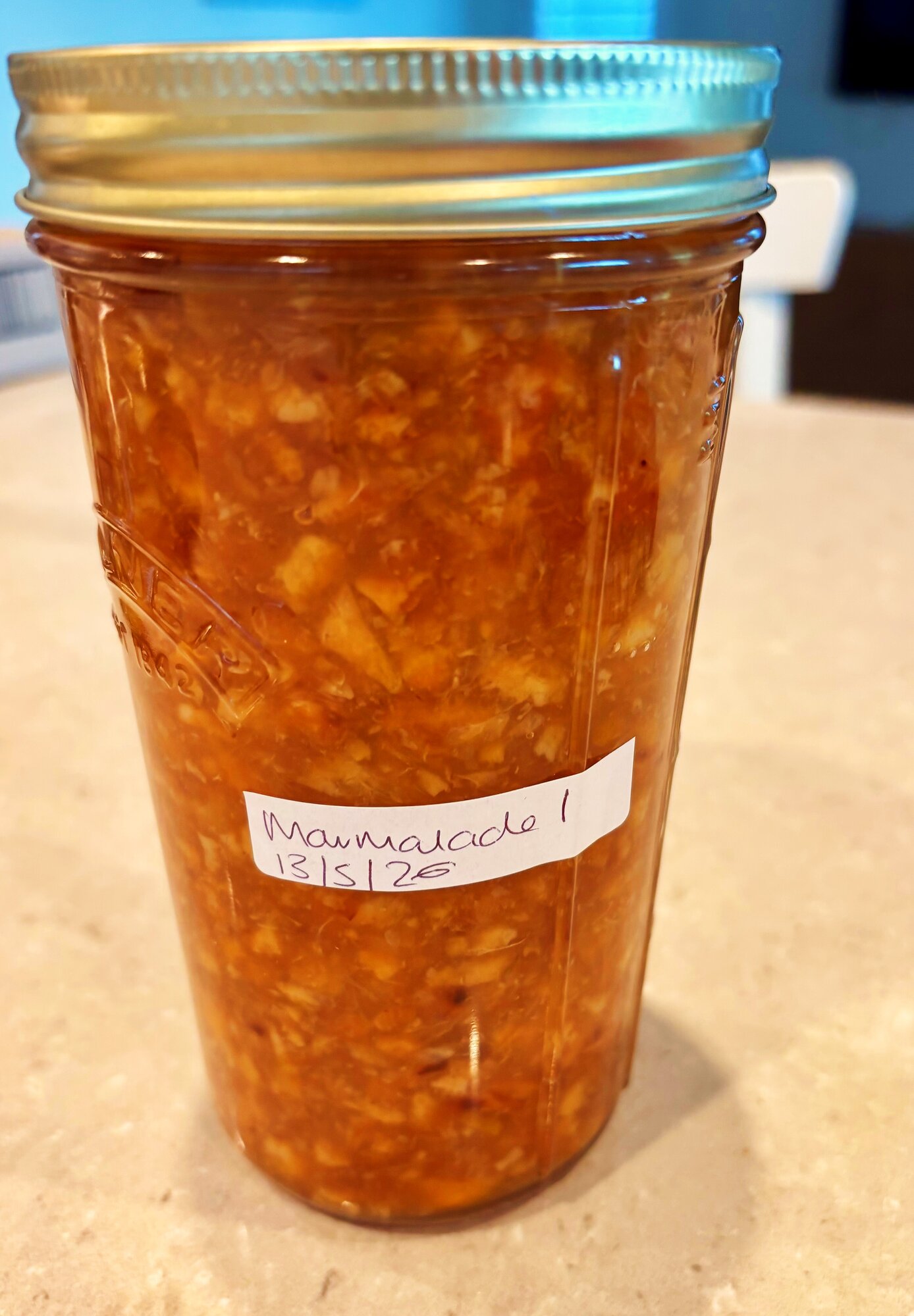 A jar of sweet-orange marmalade labelled Marmalade 1, 13/5/26